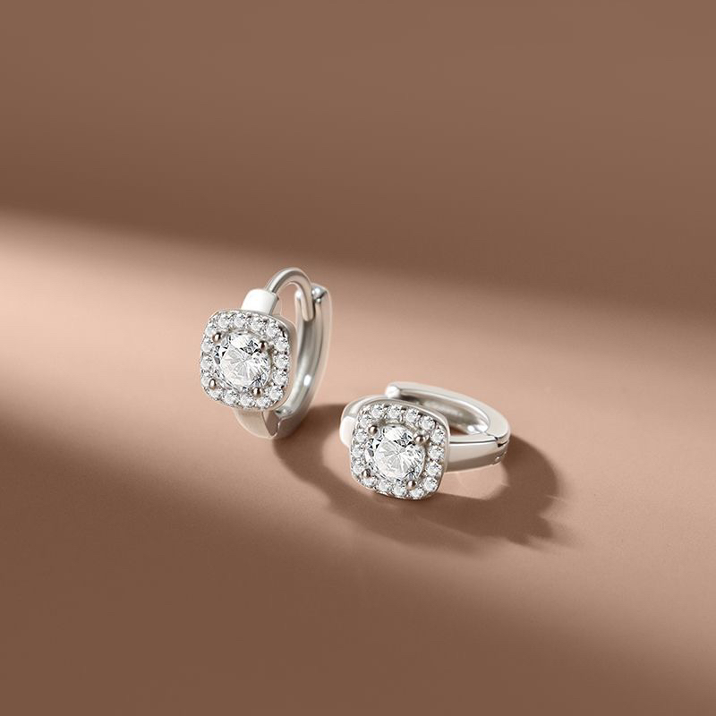 足银莫桑石耳饰 耳圈耳环耳钉【银喜生】足银纯银方糖耳扣