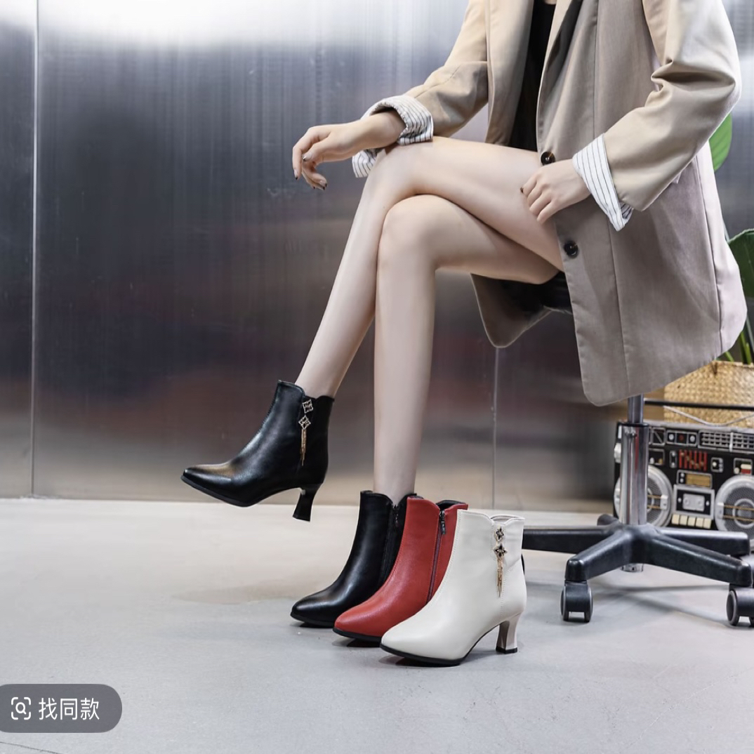 新款气质时尚百搭舒适加绒高跟尖头秋冬冬季切尔西靴女靴短靴
