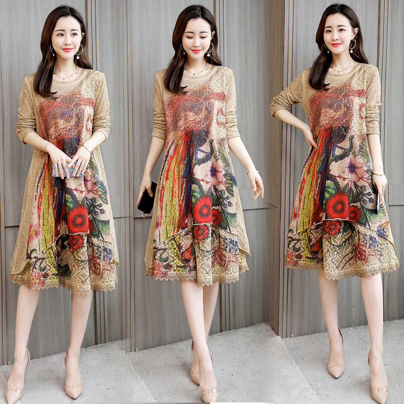 连衣裙中长款气质舒适时尚潮流2025年春季圆领印花夏季修身宽松