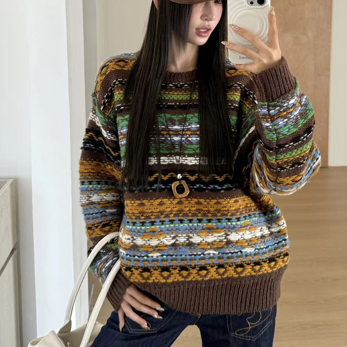 2025冬季新款韩版宽松圆领粗支虚线提花长袖套头毛衣上衣女潮6676