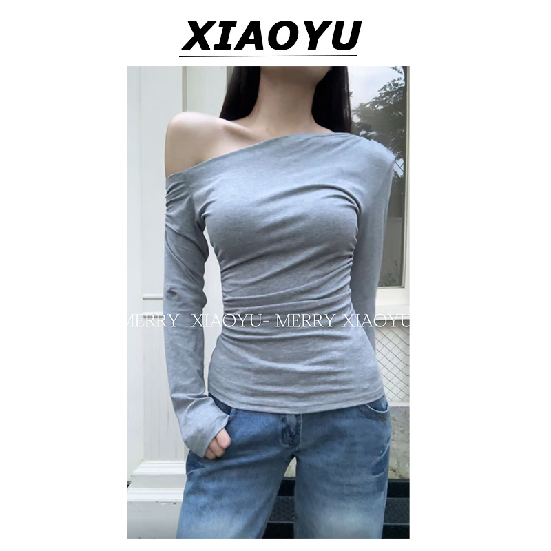 【小鱼】辣妹慵懒纯欲打褶设计长袖T恤女时尚显瘦气质百搭上衣