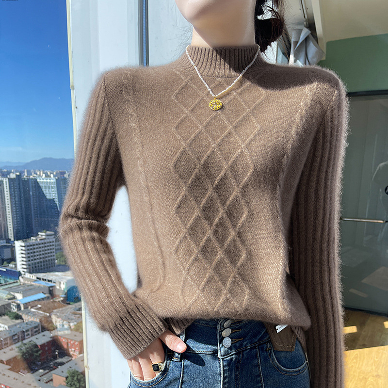 100纯羊毛衫女半高领套头毛衣秋冬加厚针织中领宽松短款大码打底