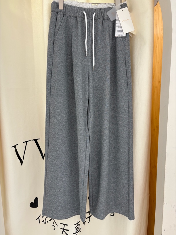 VV 95578高腰蕾丝边显瘦休闲宽松阔腿百搭直筒女卫裤