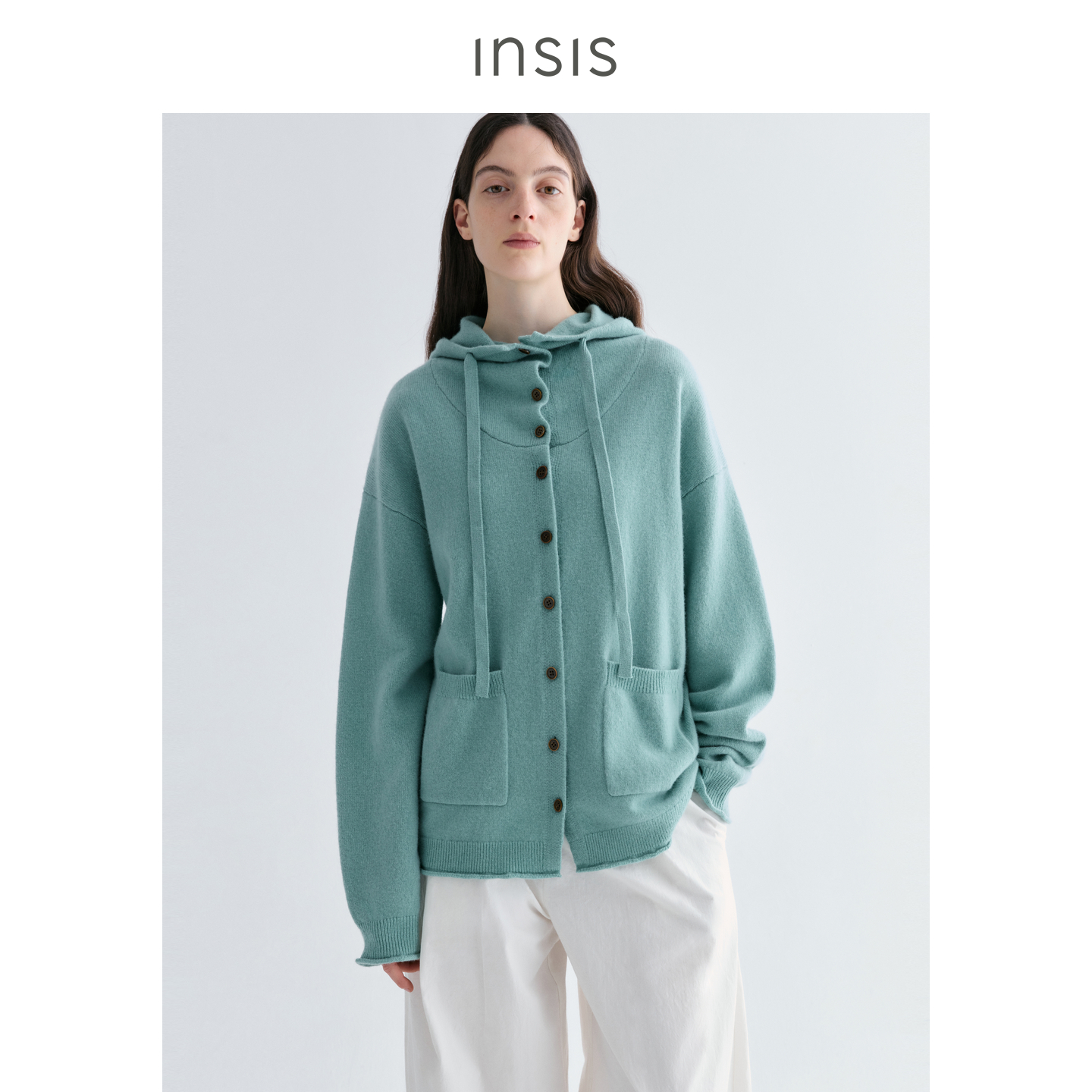 【王雪糕专属】INSIS FEMME绵羊毛文艺简约堆堆领针织连帽宽松外套