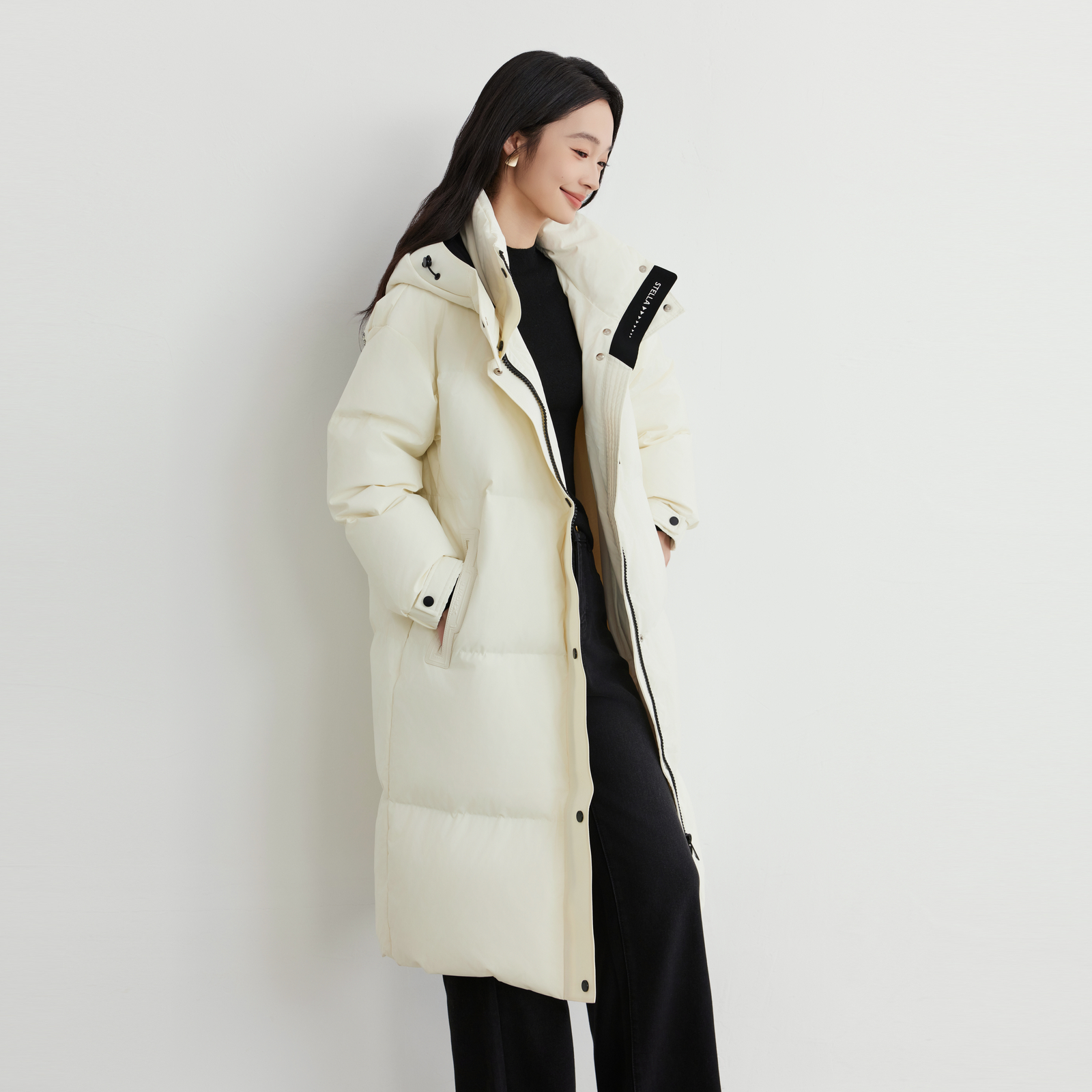 elva通勤羽绒服女中长款冬季2025新款高级感连帽加厚