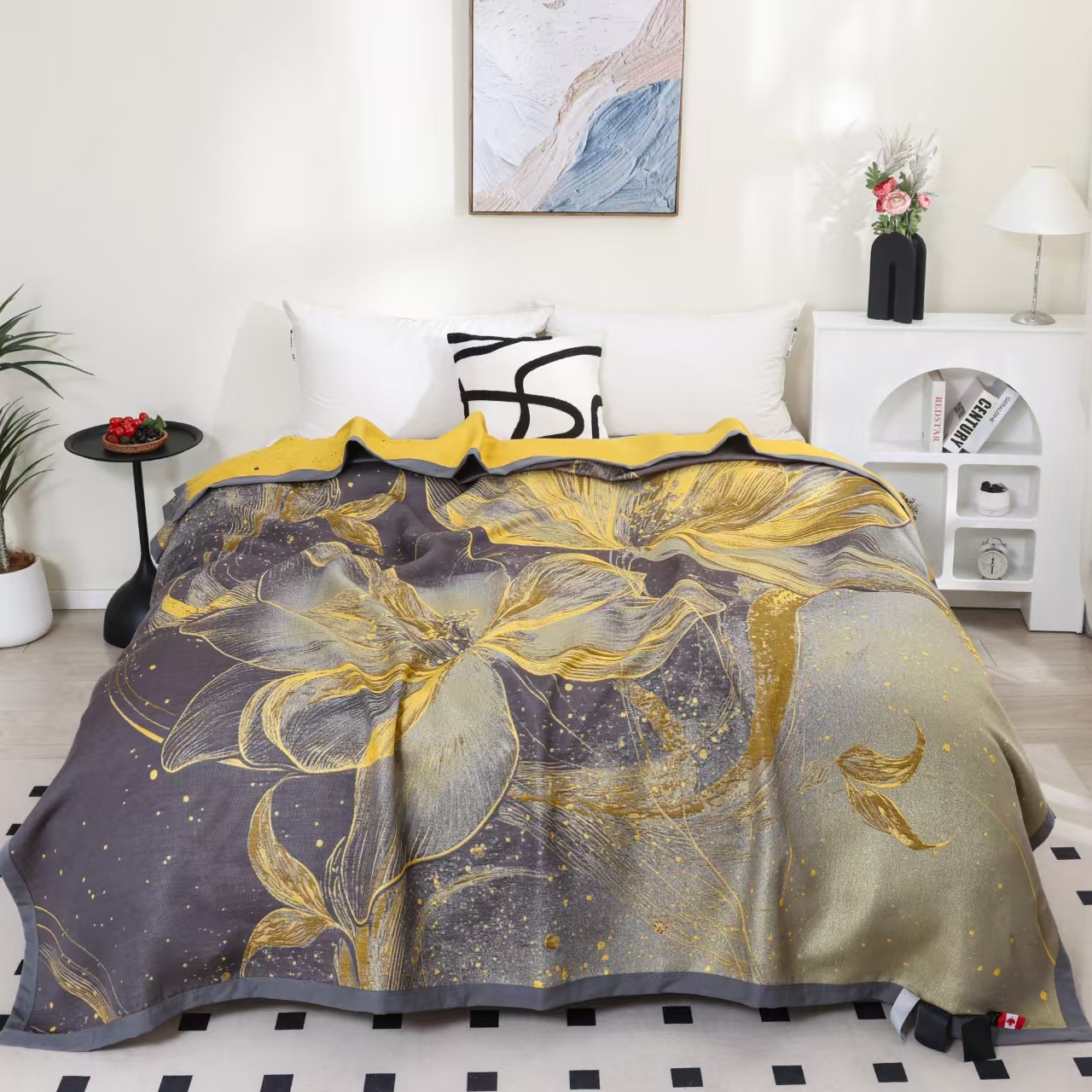 【花梦绮缘黄】230*250cm高定轻奢多功能蚕 丝蛋白毯床盖