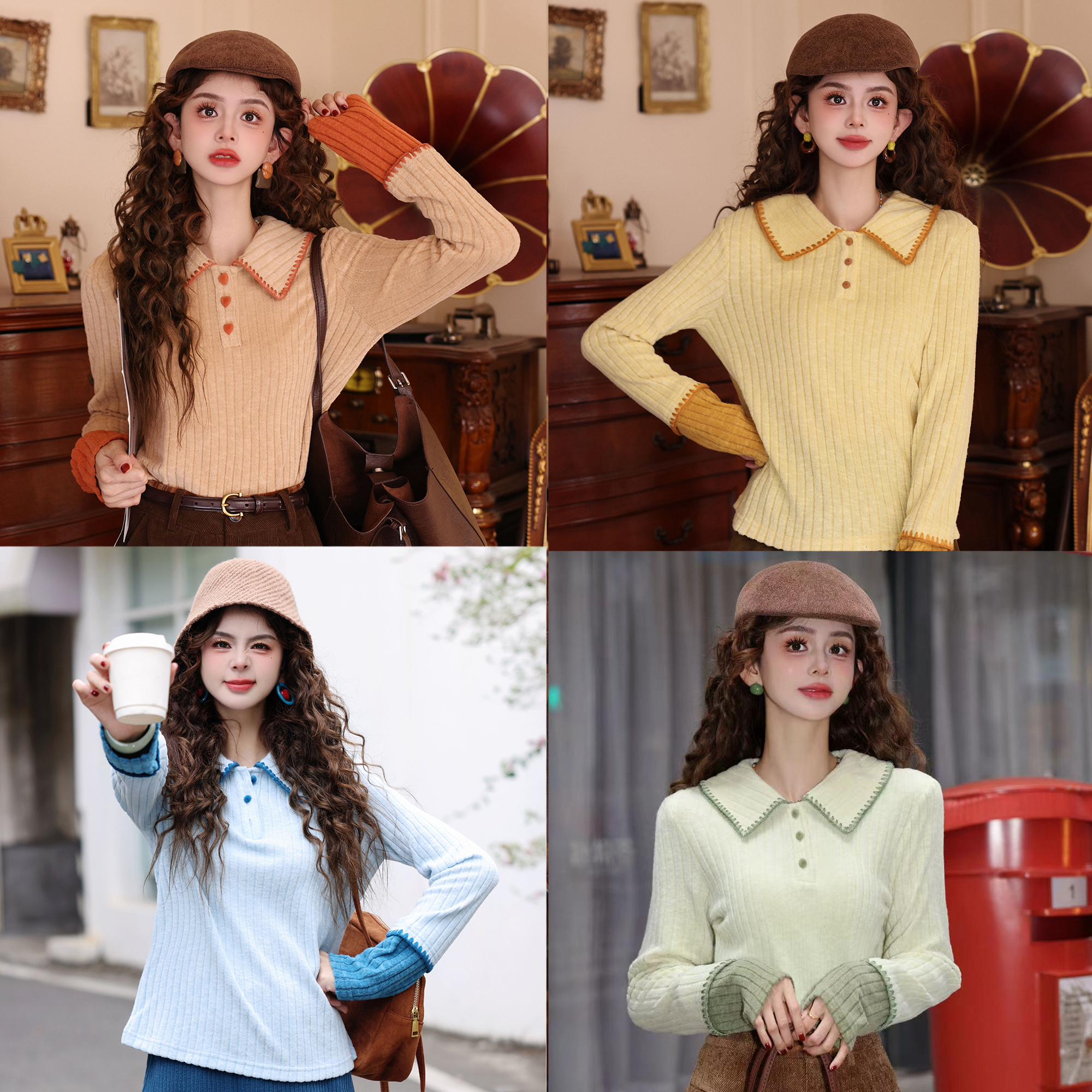 陈大器【流动光芒】港风复古磨毛拼色针织百搭T恤打底上衣JK0726445