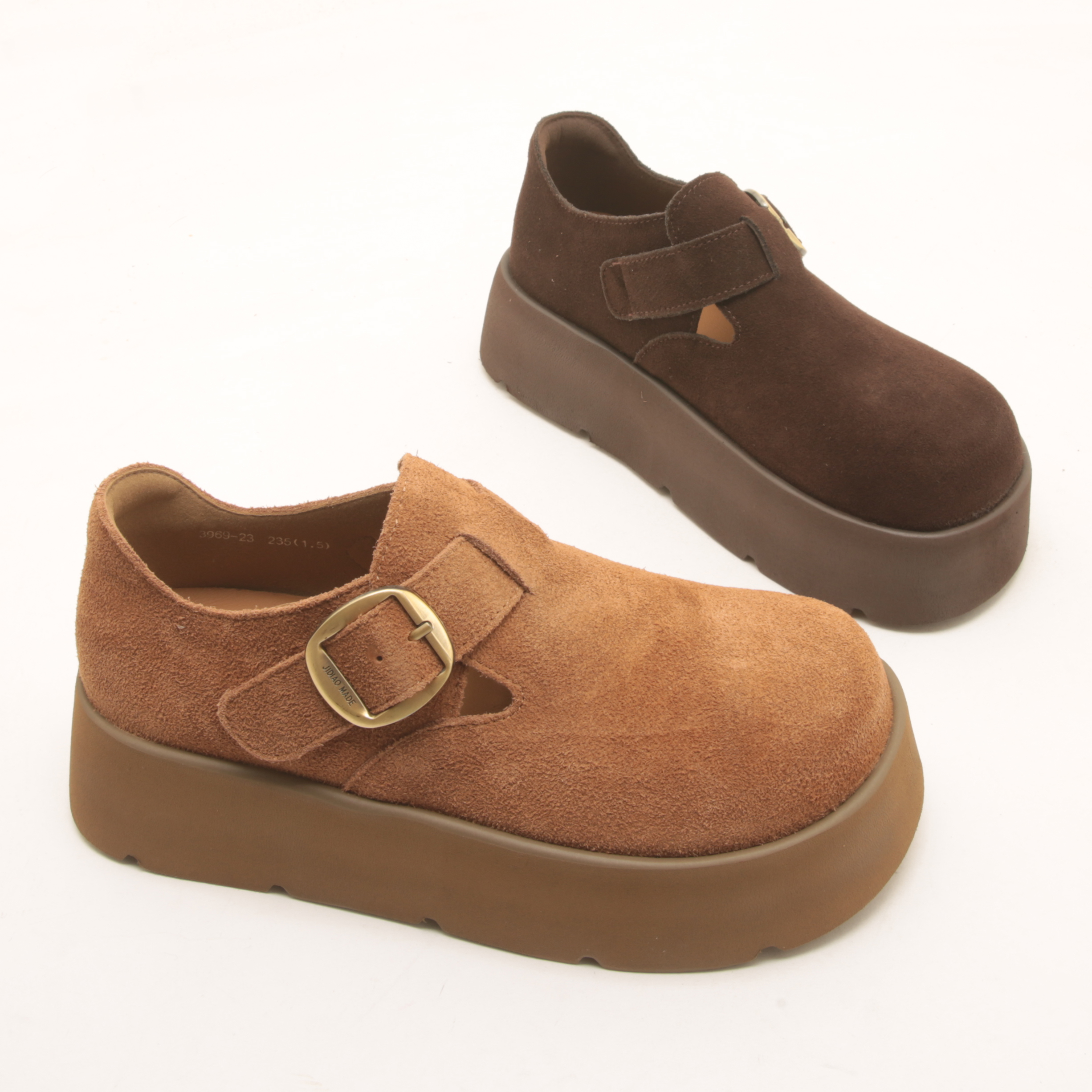 7574秋季新款真皮轻便厚底勃肯鞋女圆头时尚百搭增高休闲单鞋