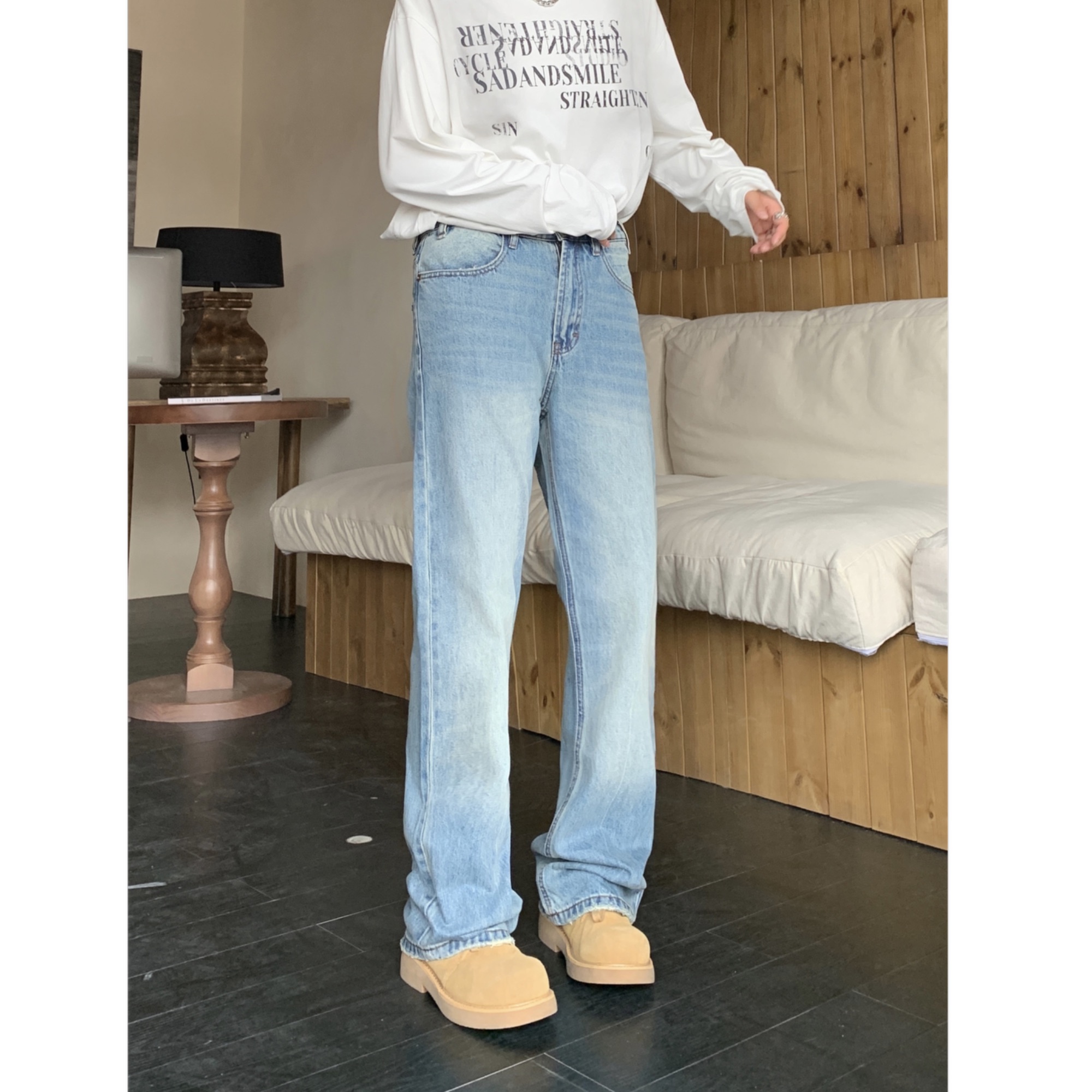 重磅美式百搭浅蓝色水洗牛仔裤设计感时尚夏季外穿春秋显瘦中腰