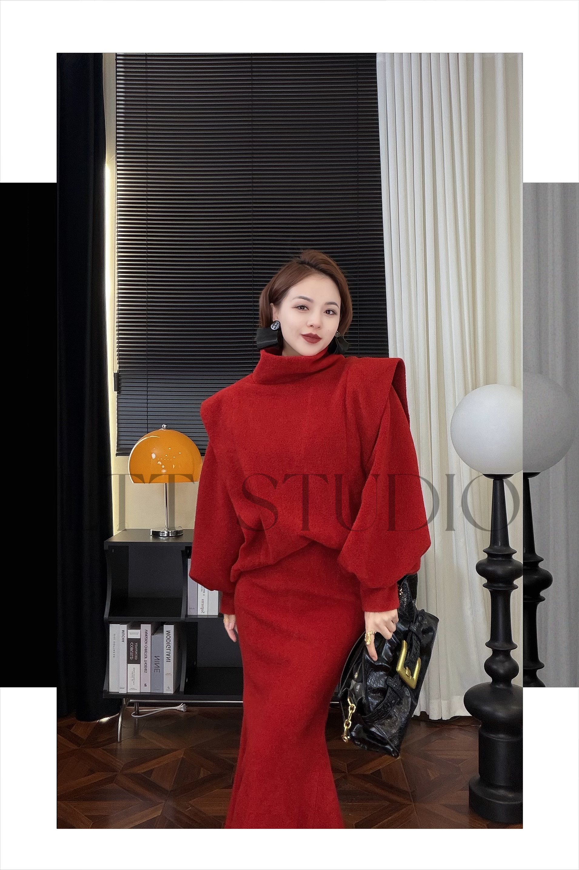 LTTSTUDIO-新款高级感新年圣诞高领荷叶边上衣ltt婷婷服饰定制