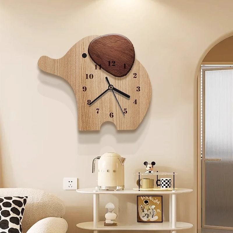 大象挂钟餐厅2024新款原木风装饰画可爱卡通钟表客厅创意时钟q14