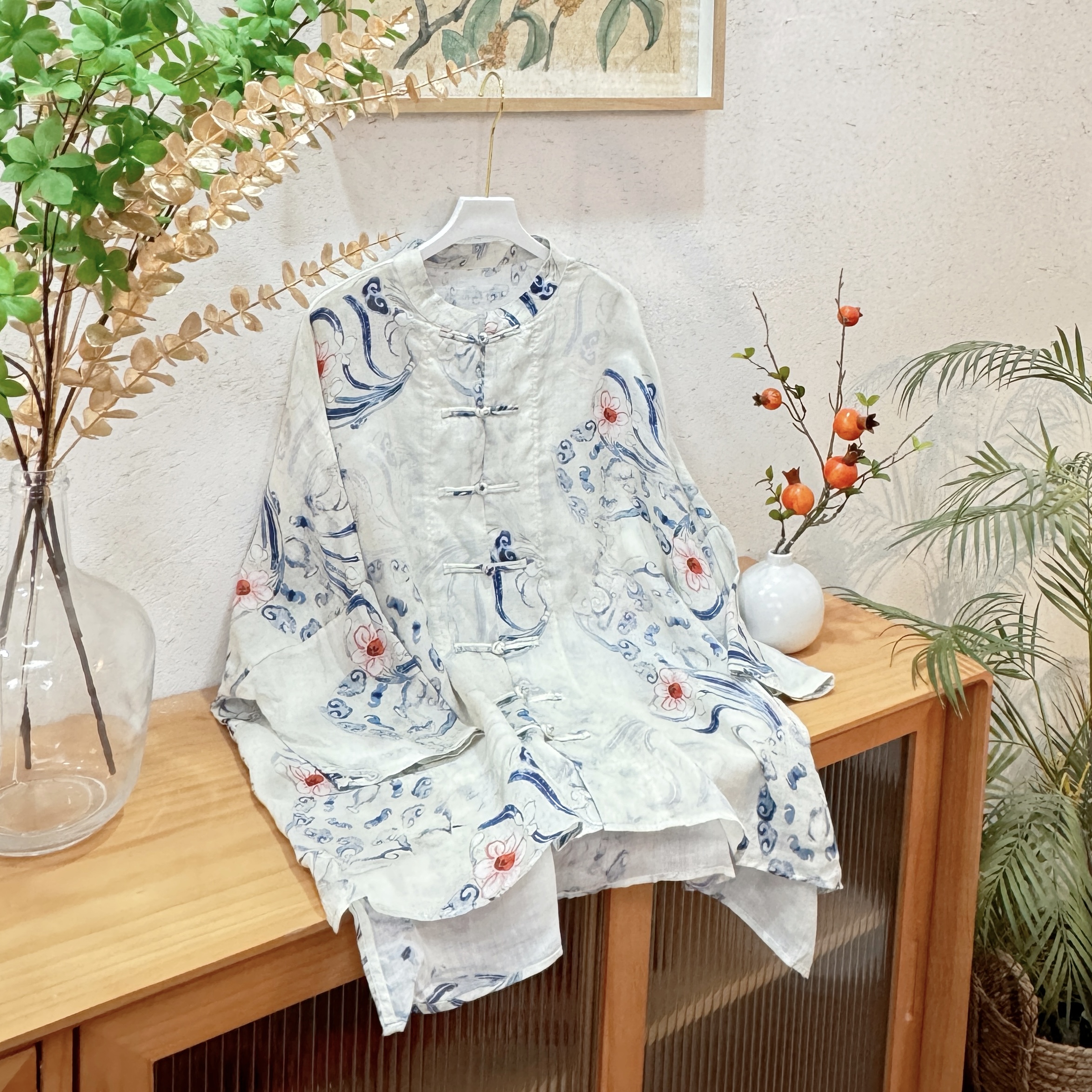 【青花瓷】夏季轻薄苎麻印花飘逸感防晒衬衫开衫52283