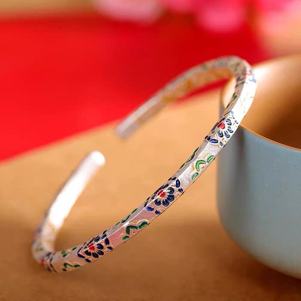 足银手镯 宝相花方镯足银999.9实心珐琅彩开口镯复古方形