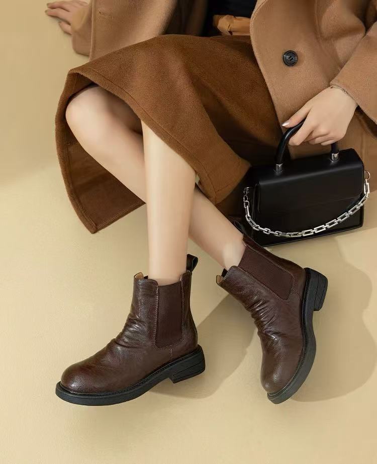W107-1切尔西靴女松紧套筒短靴女百搭秋冬单靴平跟大头靴子 单里