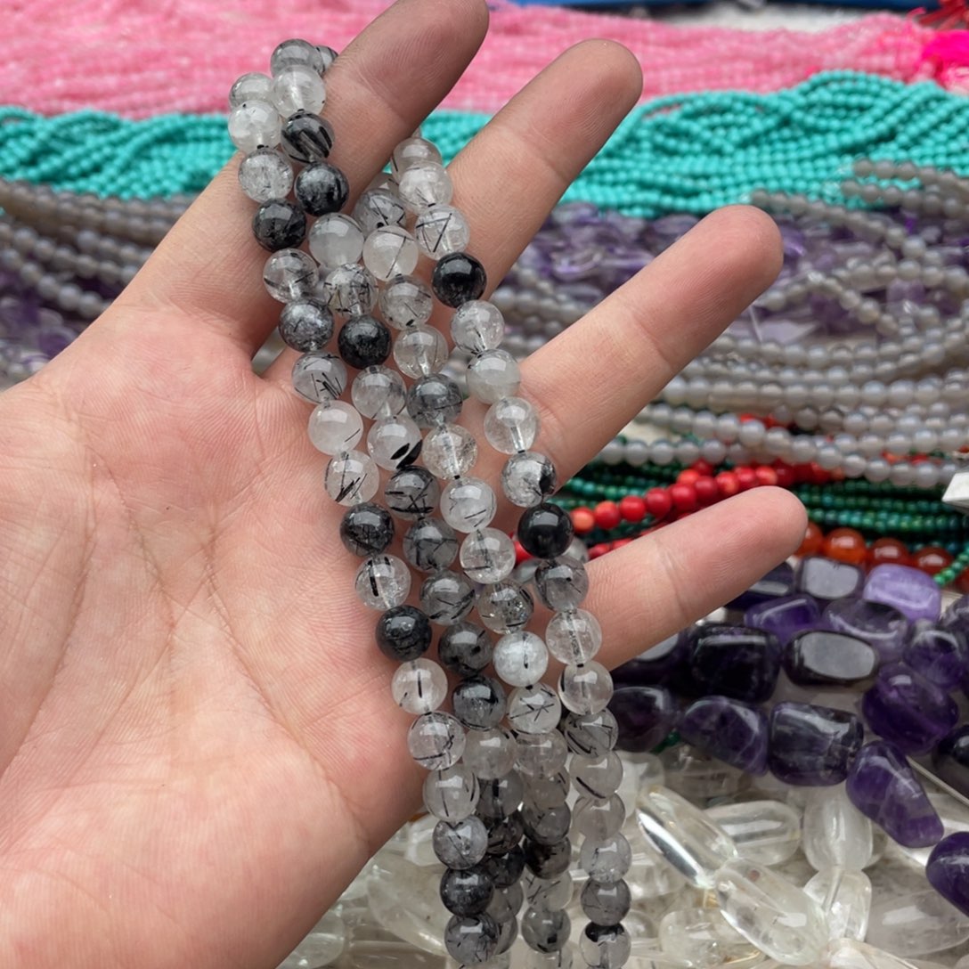 玛瑙/玉髓珠宝半成品未镶嵌一条装卡8mm黑发晶圆珠