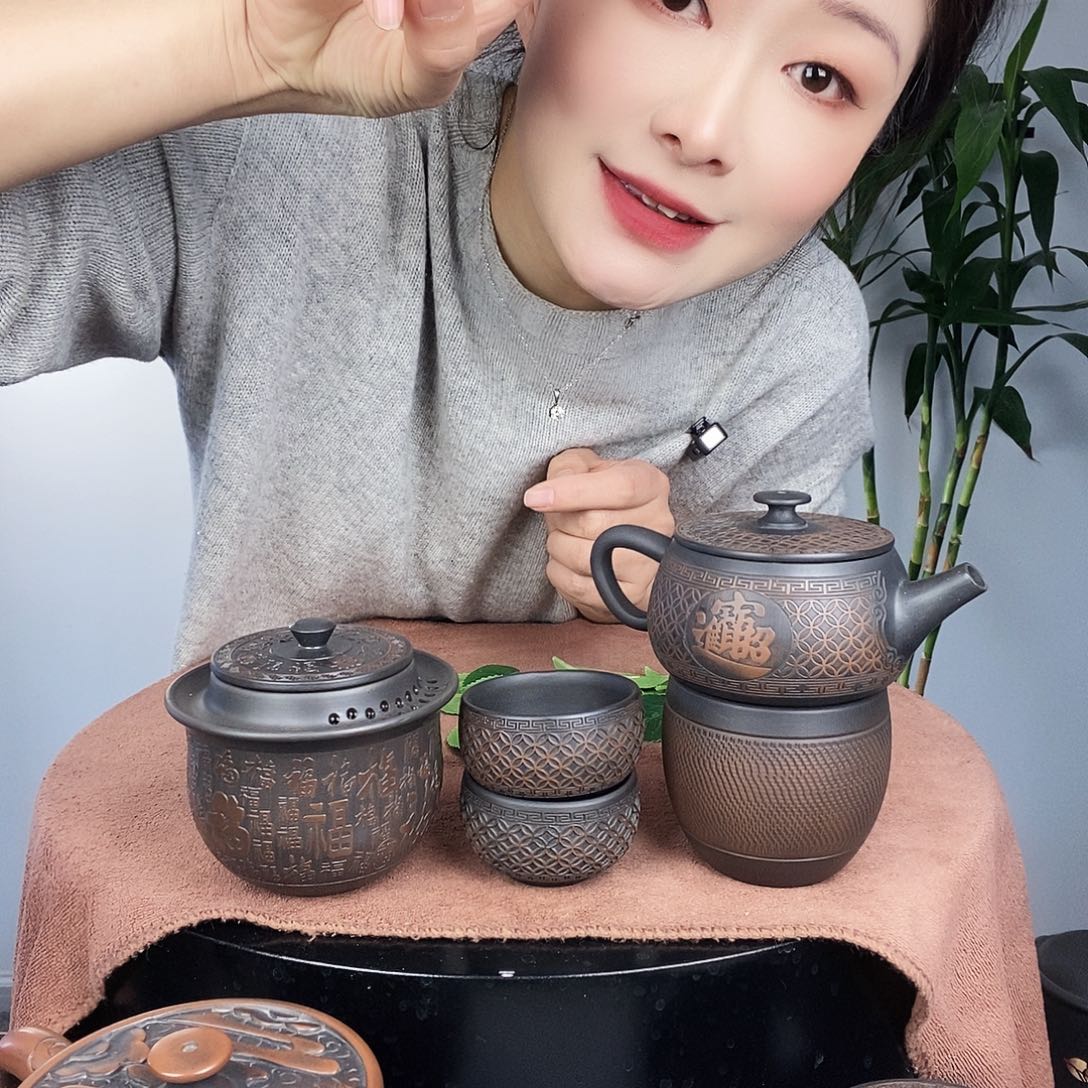 壶～****～建水紫陶五帝钱5件套