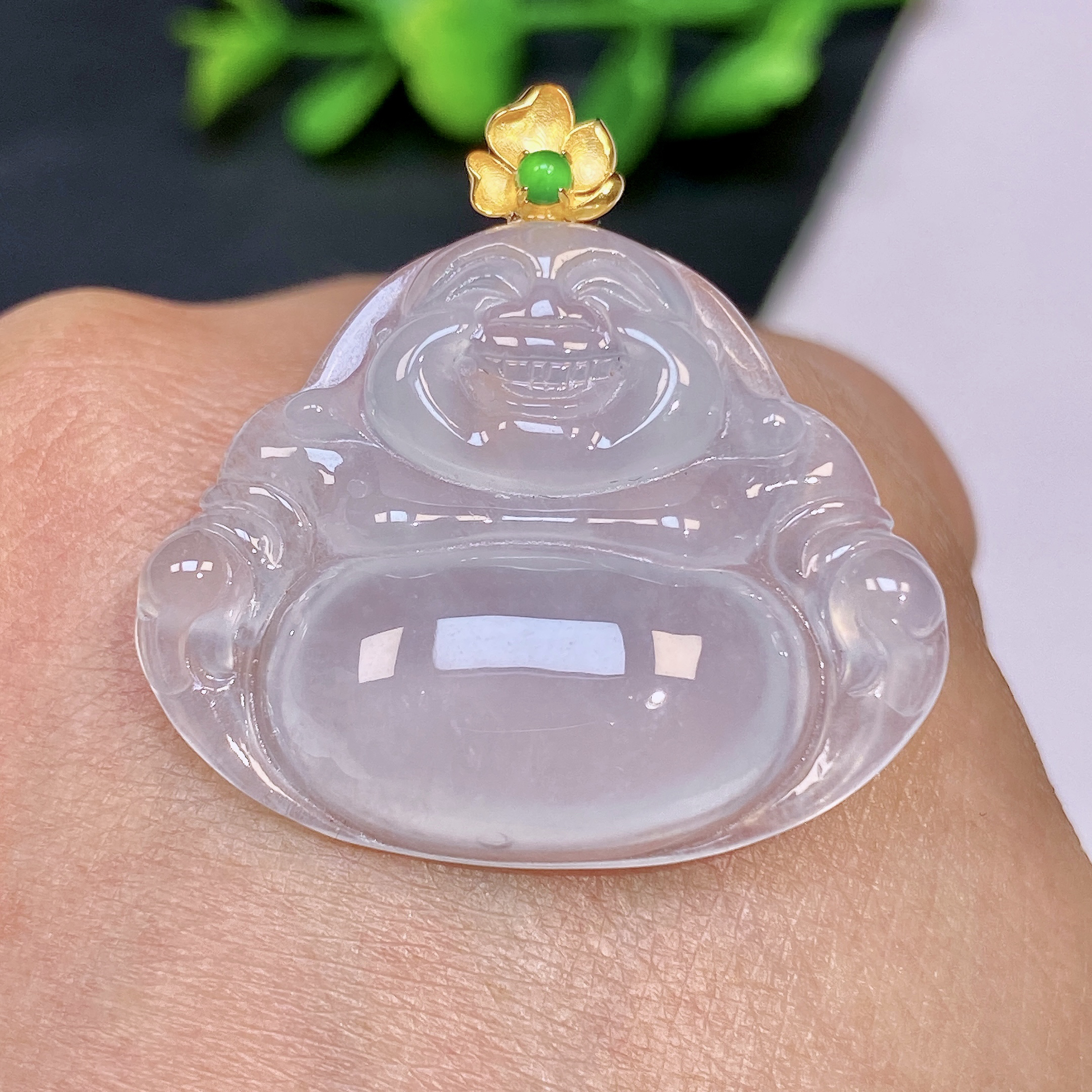 天然翡翠A货 高冰种翡翠佛公吊坠 笑佛 弥勒佛30.1-25.2-5.8mm