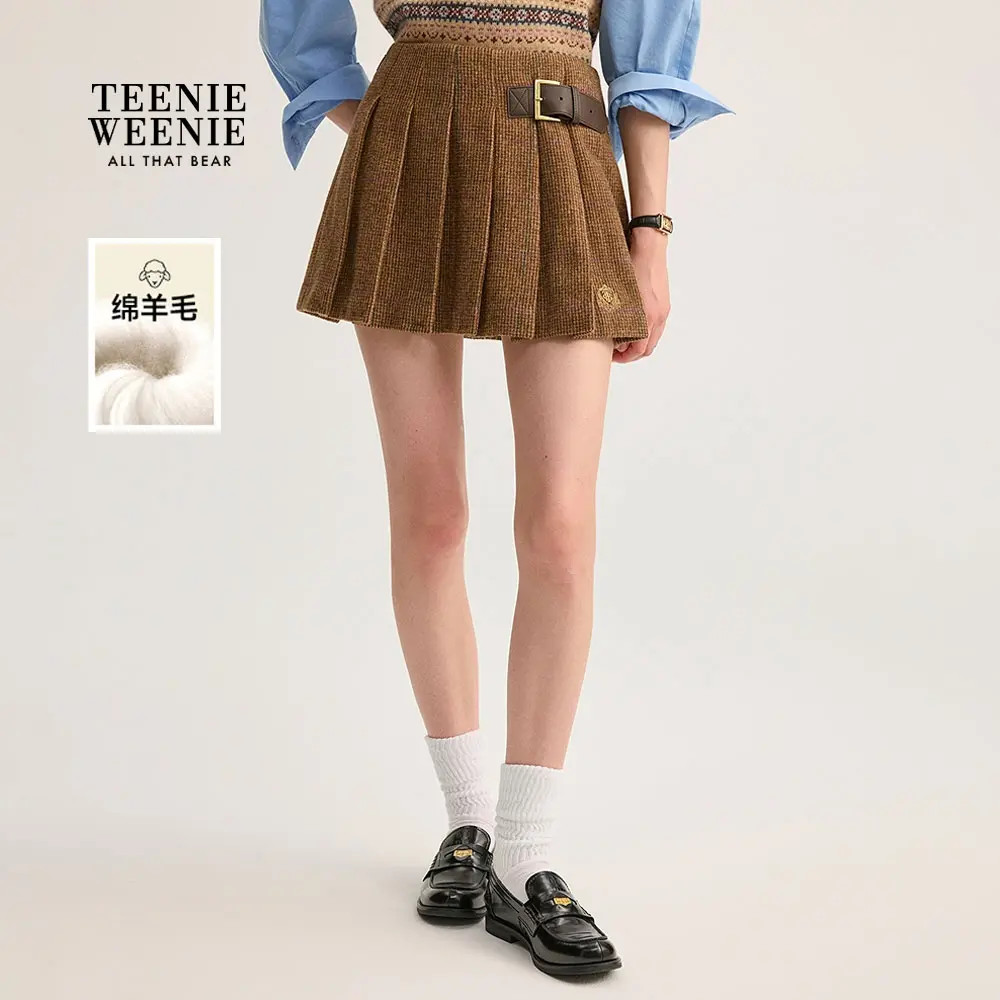TeenieWeenie小熊女装半身裙25时髦格纹刺绣百褶半裙TTWH254902P