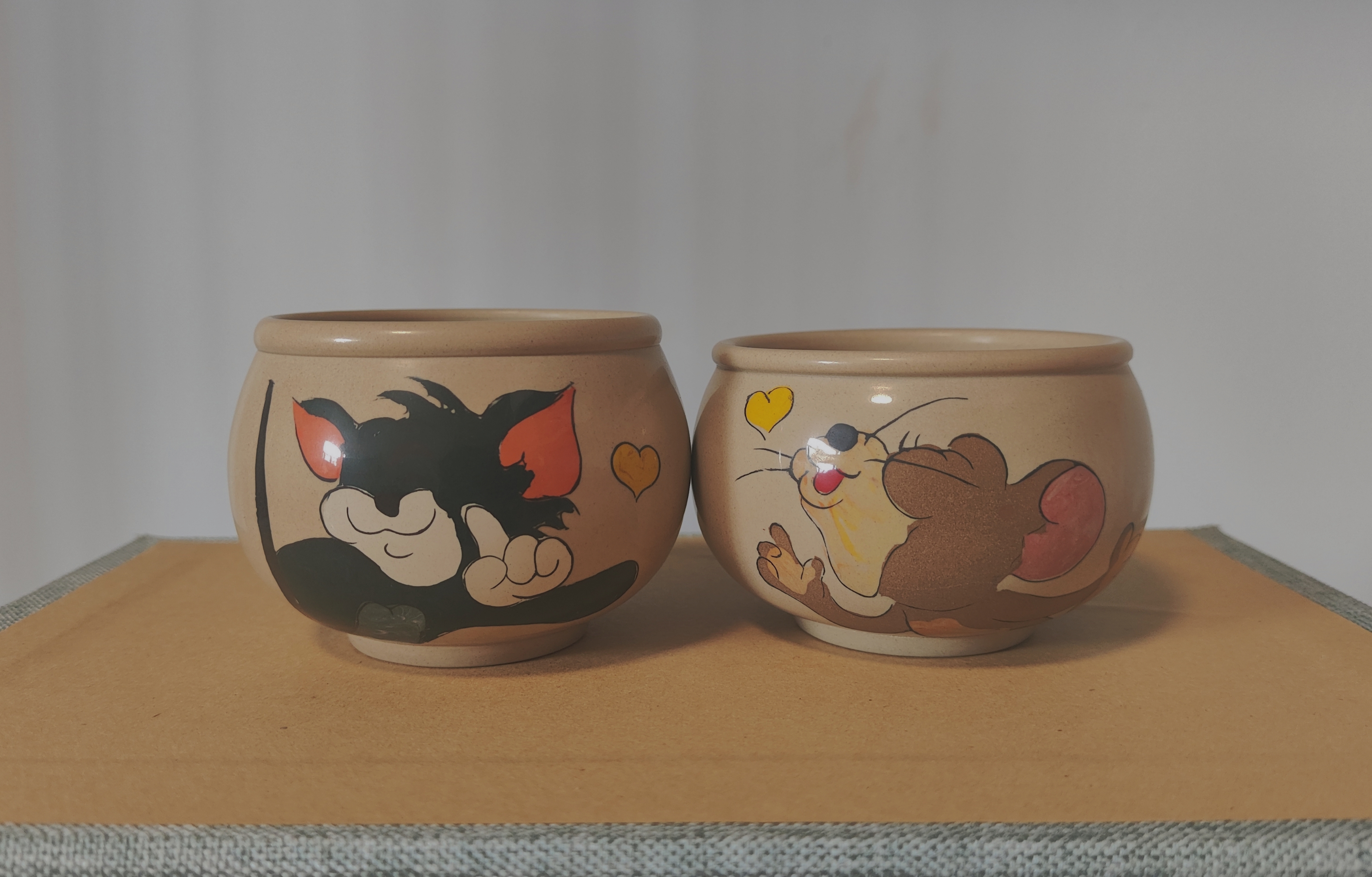 建水紫陶白泥亮光可爱手绘杯一对茶具茶杯