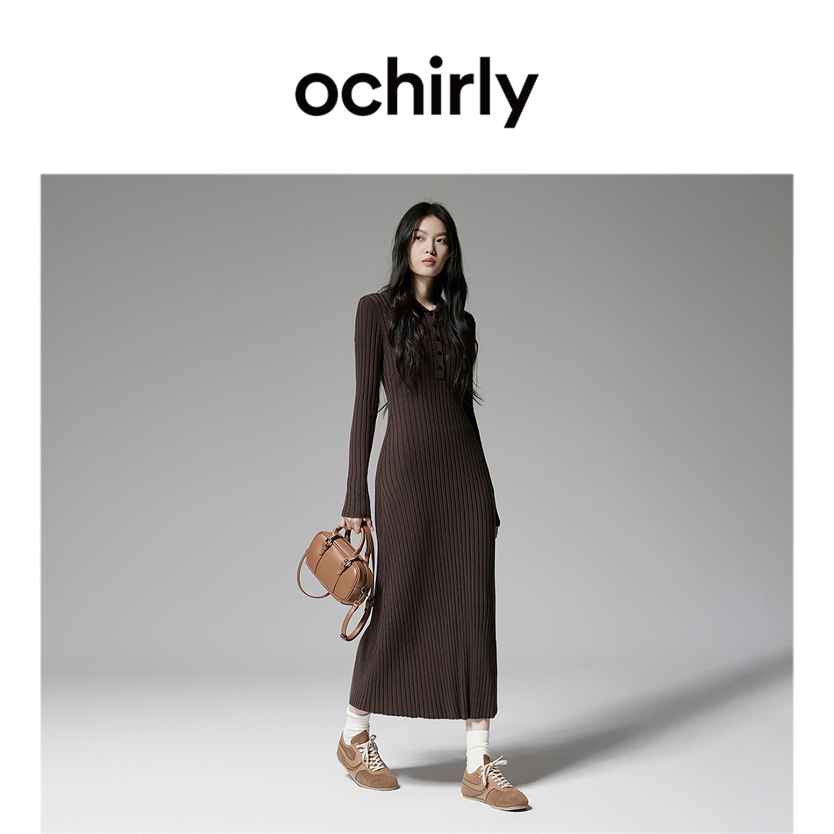 OCHIRLY欧时力 抗起球绵羊毛针织连衣裙长款气质优雅秋季新品
