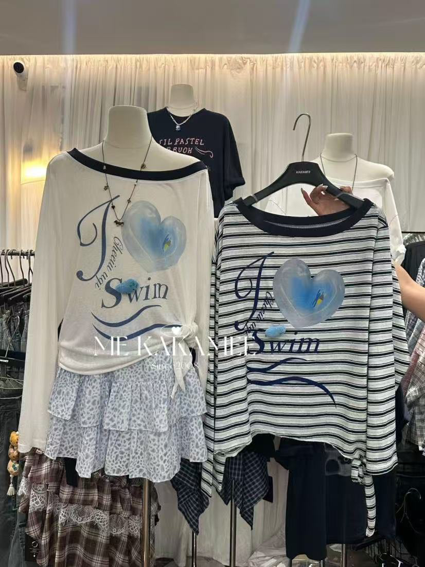 -好韩系的！斜肩条纹爱心T恤（KA8699#）KAKAME
