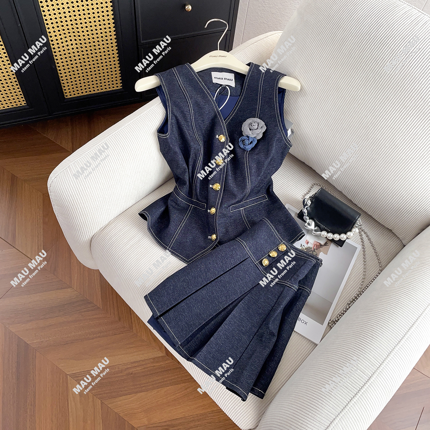 MIUMEM复古简约牛仔套装女夏季无袖上衣+修身显瘦裙子DY7772