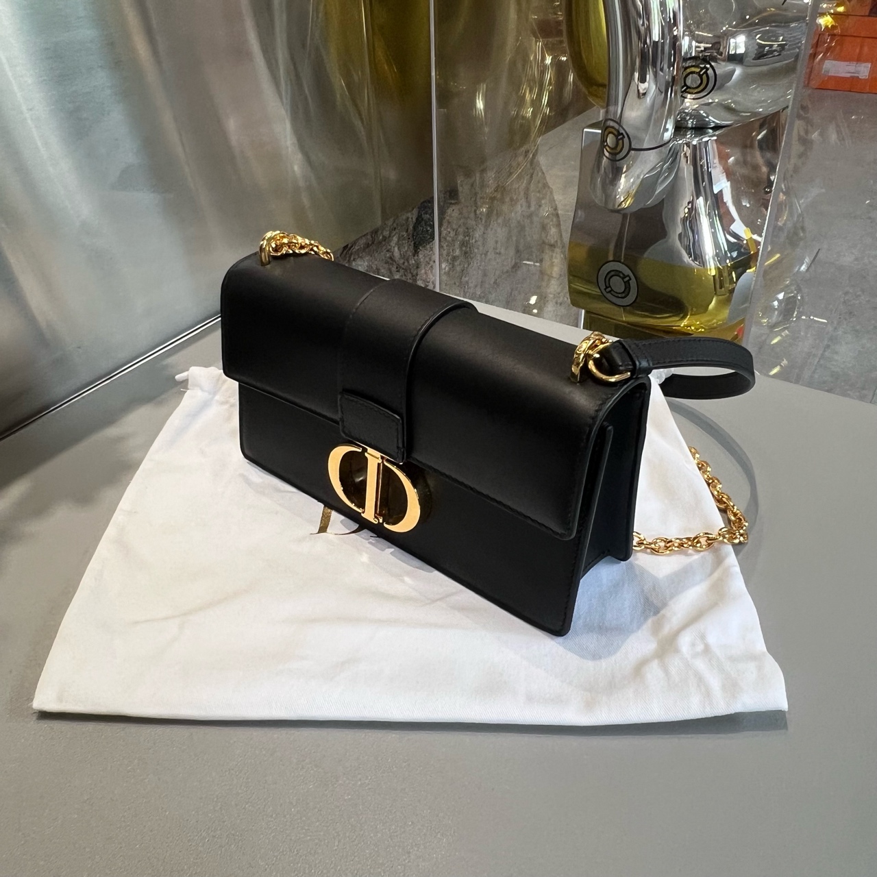 99新 DIOR/迪奥 montaigne蒙田30小号链条经典黑金全皮单肩斜挎包