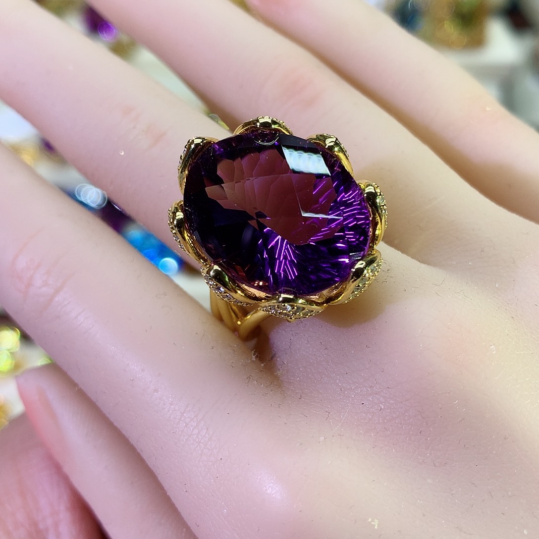 紫晶戒指银S925镀金镶嵌