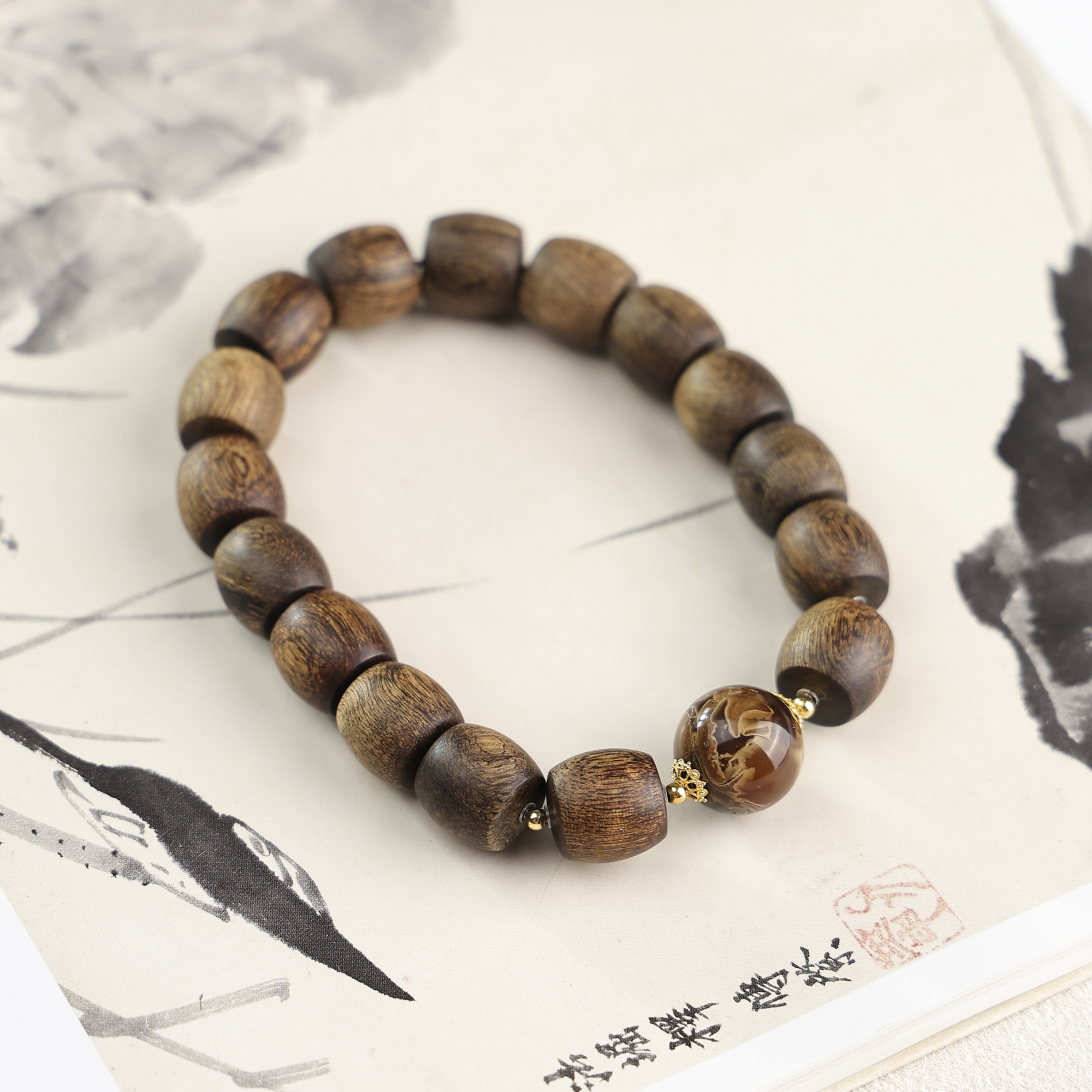 沉香越南富国岛倒架桶珠情侣设计款单圈