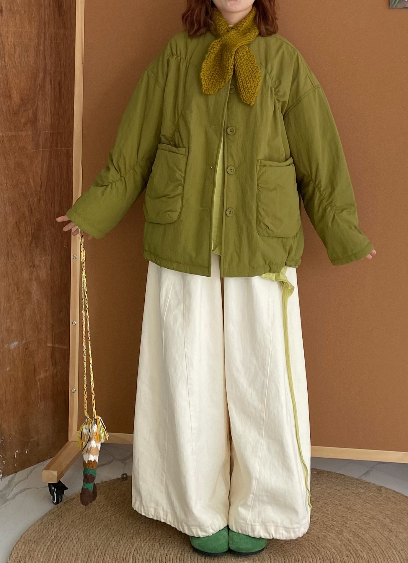 秋冬休闲设计感褶皱圆领棉服外套（下摆带抽绳）