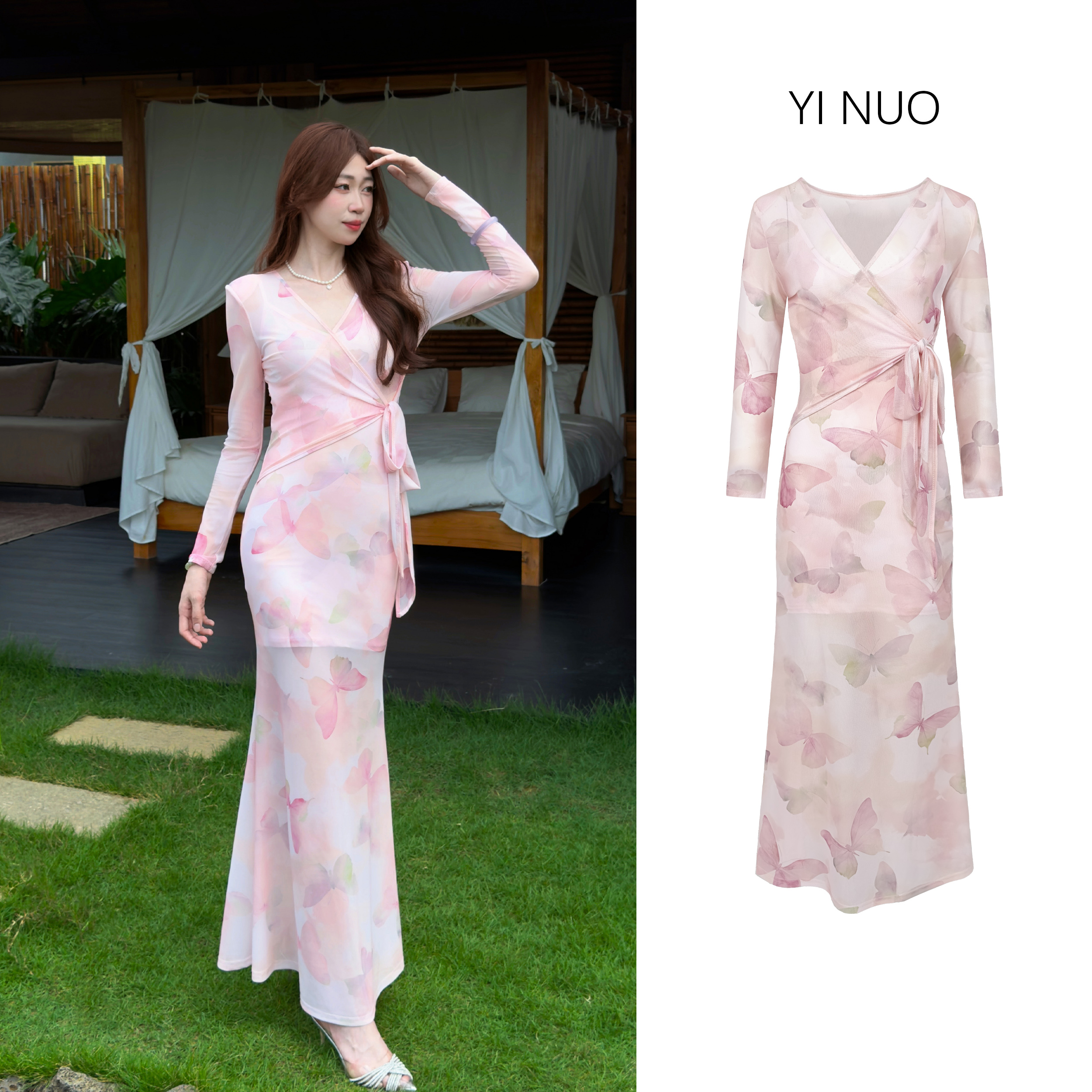 新款气质百搭小众设计感长袖网纱连衣裙