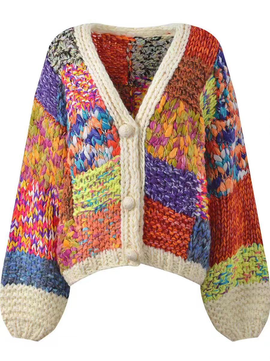 【彩虹糖豆】冬季新款时尚重工粗针彩色格子百搭针织衫女.D2371