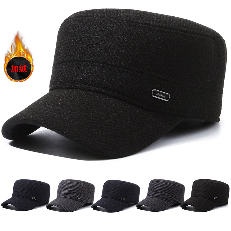 爸爸帽子男毛呢平顶帽加绒护耳封口鸭舌帽冬季户外保暖帽中老年帽