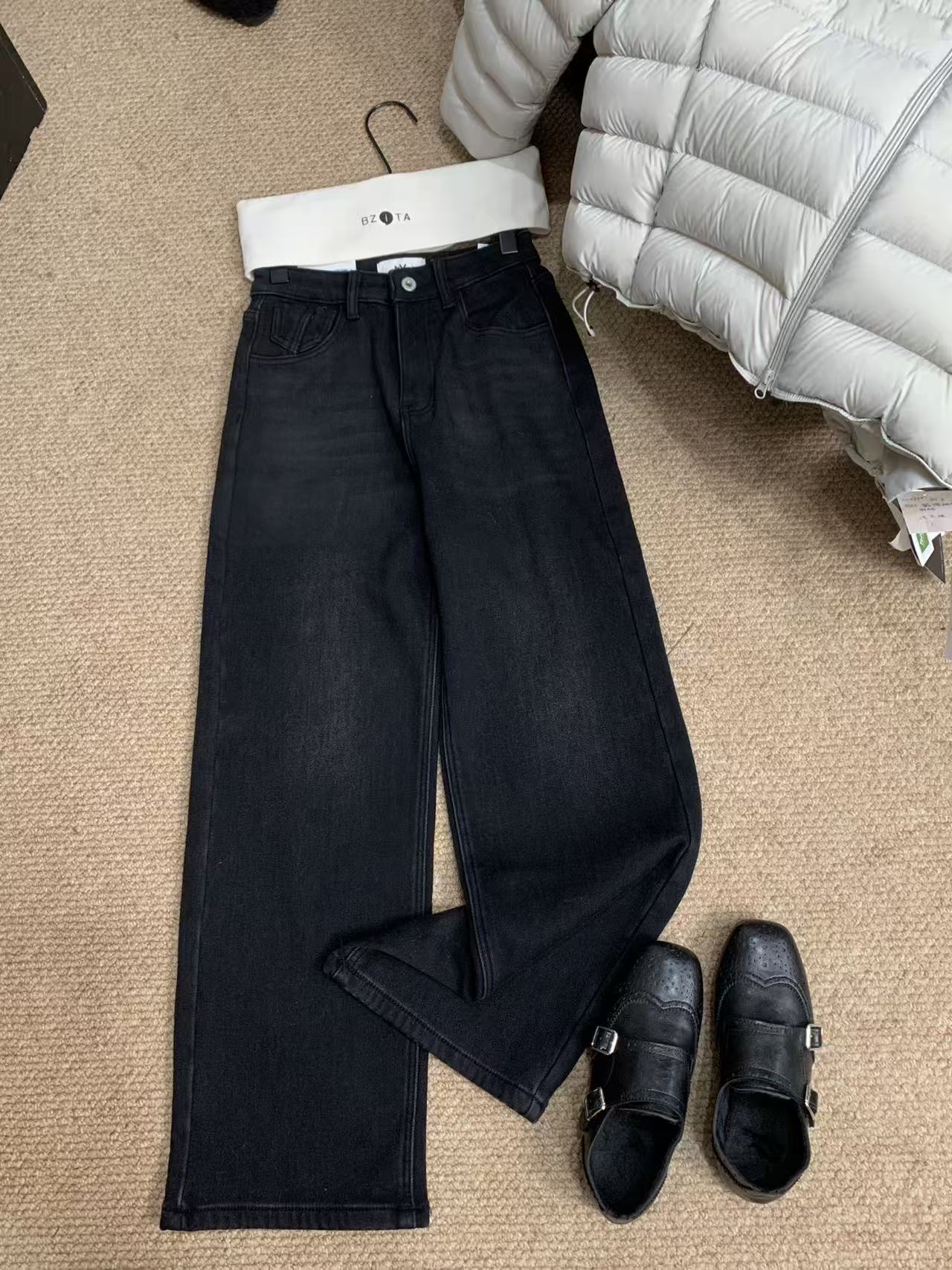 『雨美 Show』6613时尚百搭加绒牛仔直筒裤