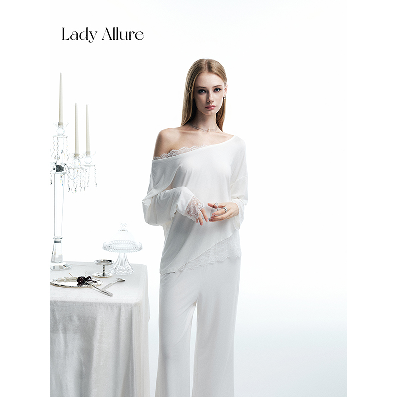 「LA」白月美人*原创蕾丝花边斜肩美背睡衣可外穿修身家居服