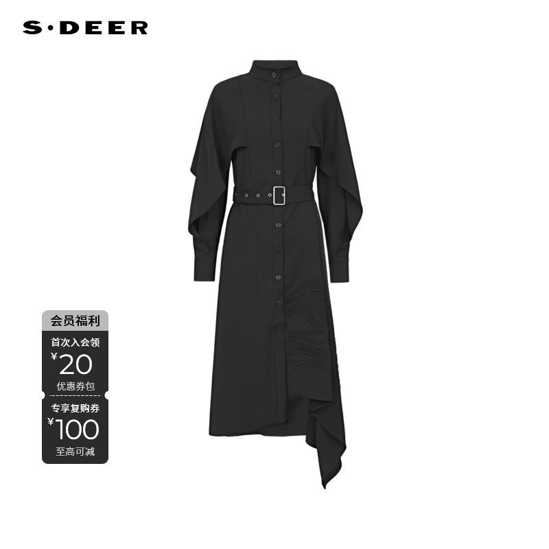 S·DEER圣迪奥时尚黑色收腰轻奢气质衬衫裙女装连衣裙S22181219