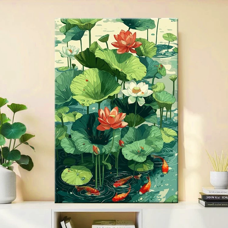 池荷鱼跃|数字油画diy真心遮盖六代颜料填涂色手绘礼物油彩装饰画