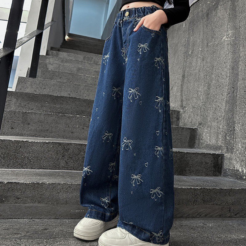 女童韩系蝴蝶结阔腿裤提花牛仔裤休闲时髦2025新款中大童直筒休闲