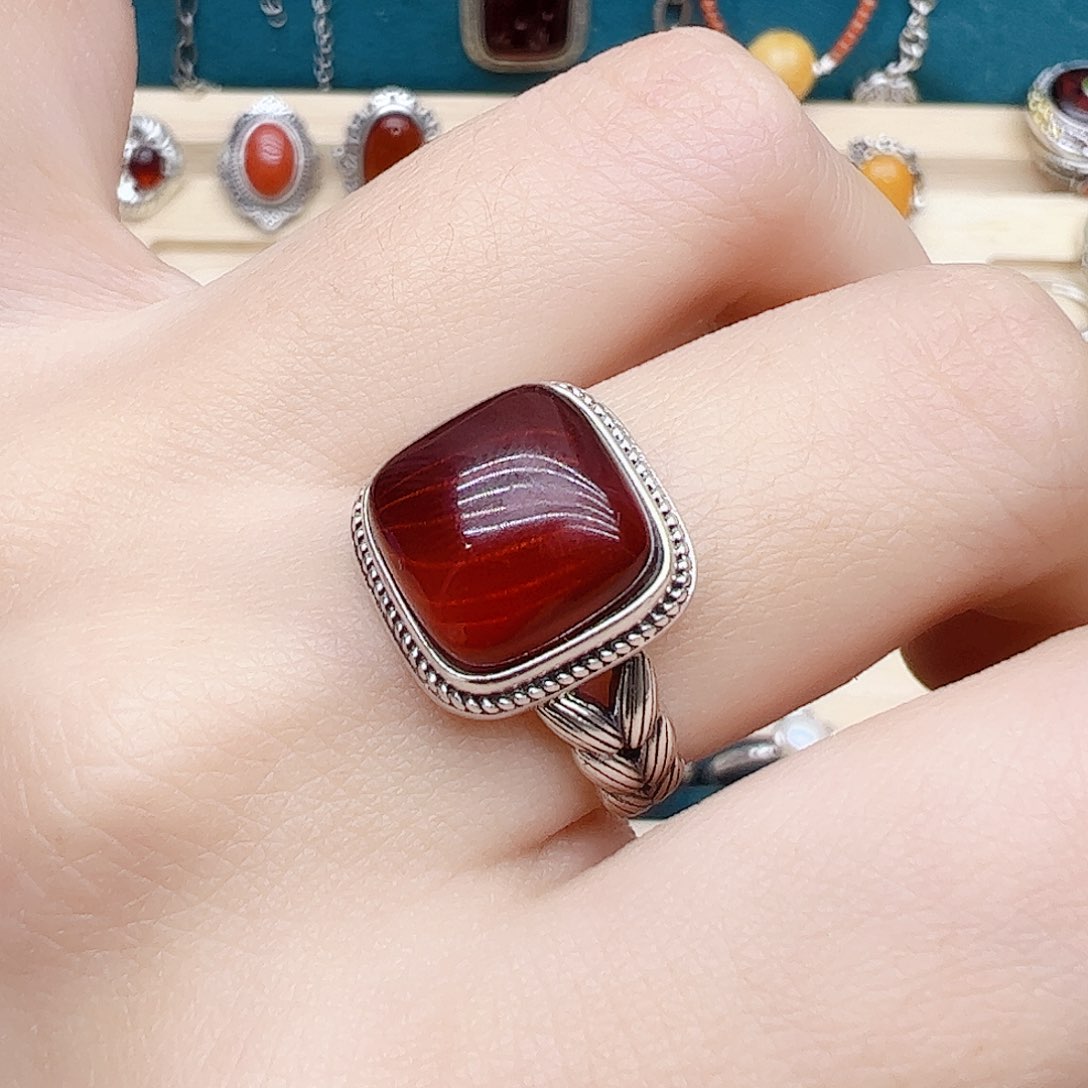 血珀戒指银S925镶嵌天然