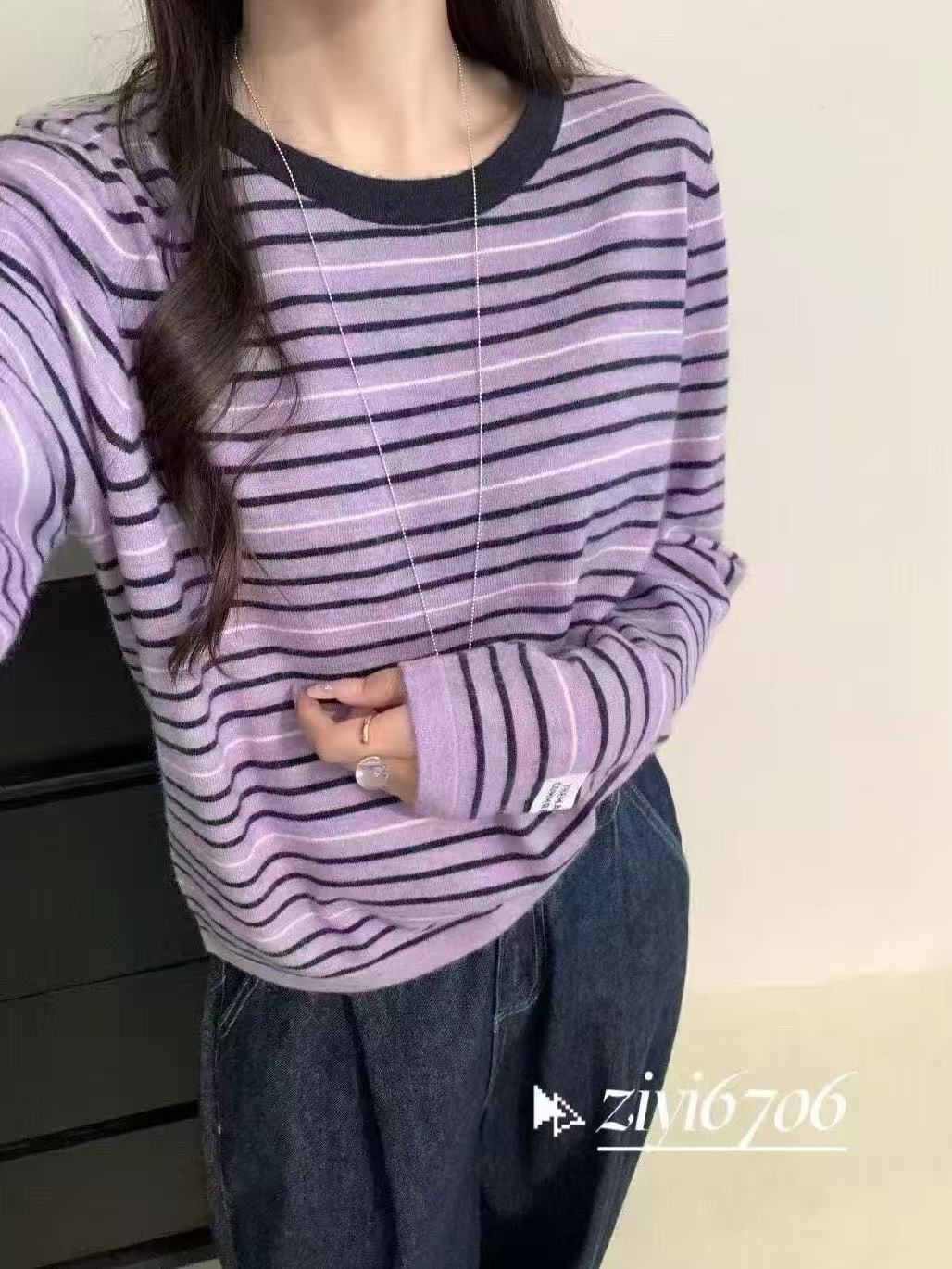 (静静家)秋季洋气紫条纹长袖针织衫毛衣女