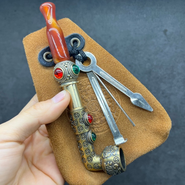 15公分掌中宝招烟锅加牛皮烟袋子可拧开可过滤J906+888+DLB