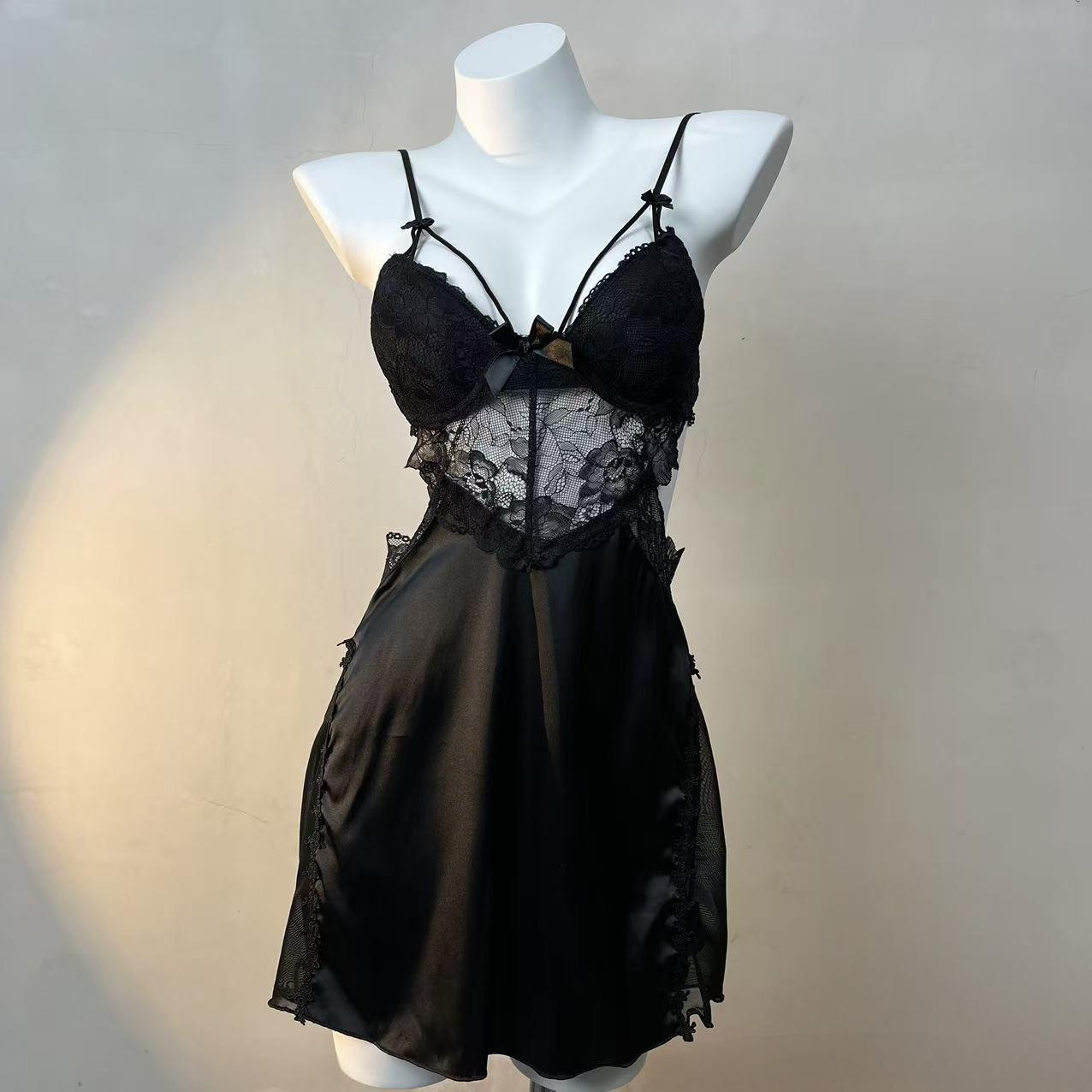 温柔【均码80-130斤】新款睡衣蝴蝶结网纱蕾丝性感纯色连衣裙