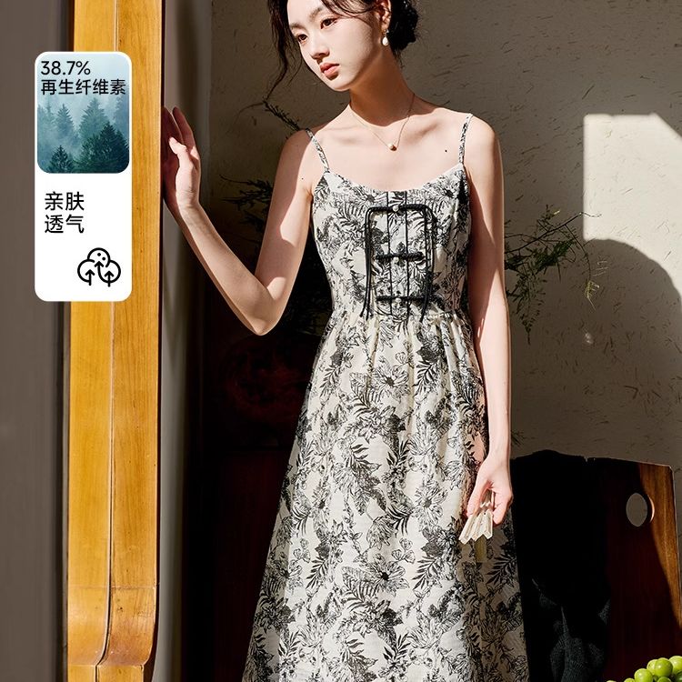 Q841295连衣裙 香影黑色国风碎花吊带裙女春季新款盘