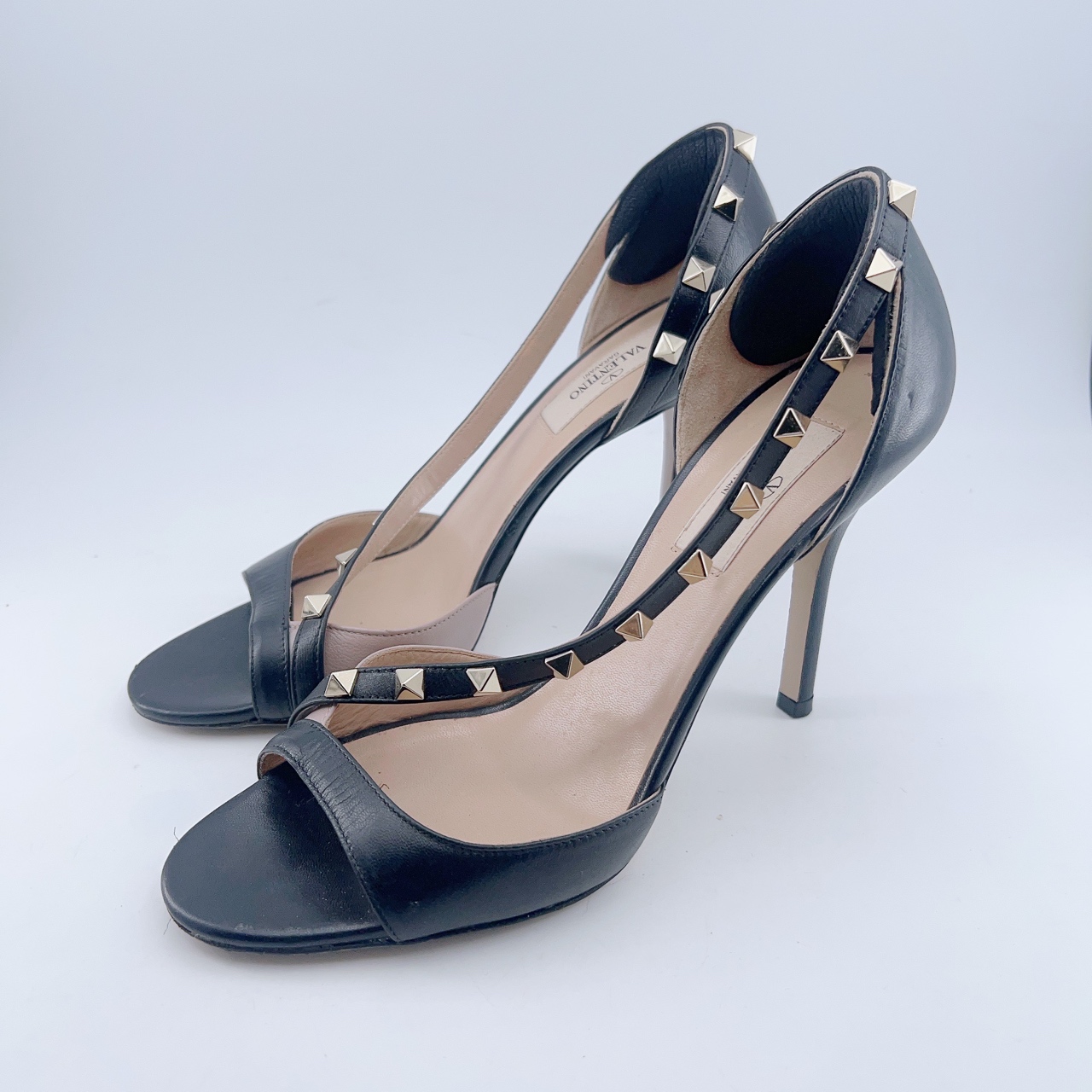 95新 Valentino/华伦天奴 37.5码/黑粉拼接铆钉高跟鞋