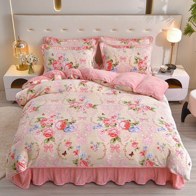 小肥鹅冬季床品套件床裙款双面绒四件套加厚床罩双面牛奶绒亲肤