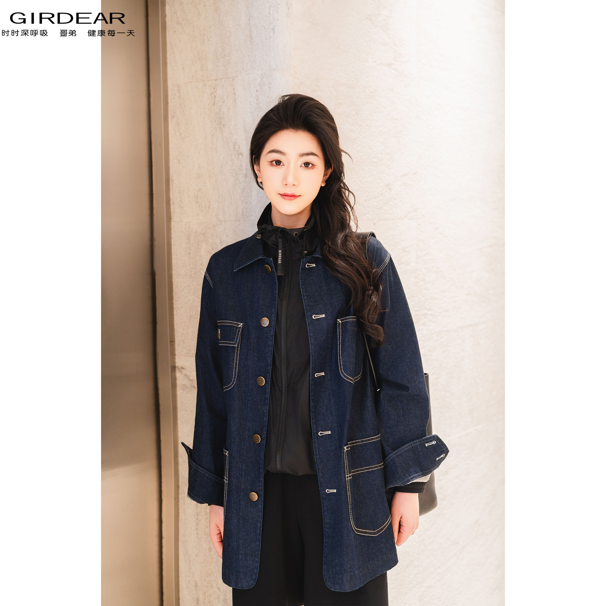 GIRDEAR/哥弟新款丹宁风单排扣复古工装长袖水洗牛仔外套 1400679