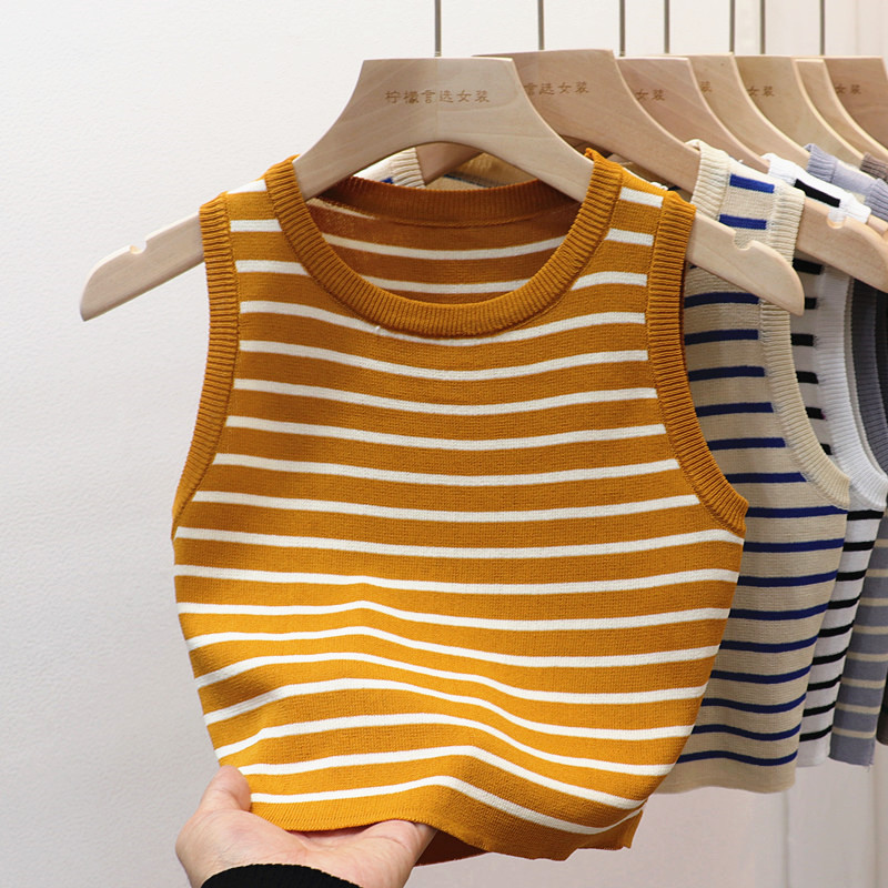 圆领条纹背心女短款修身性感夏外穿无袖冰丝针打底织衫内搭上衣女
