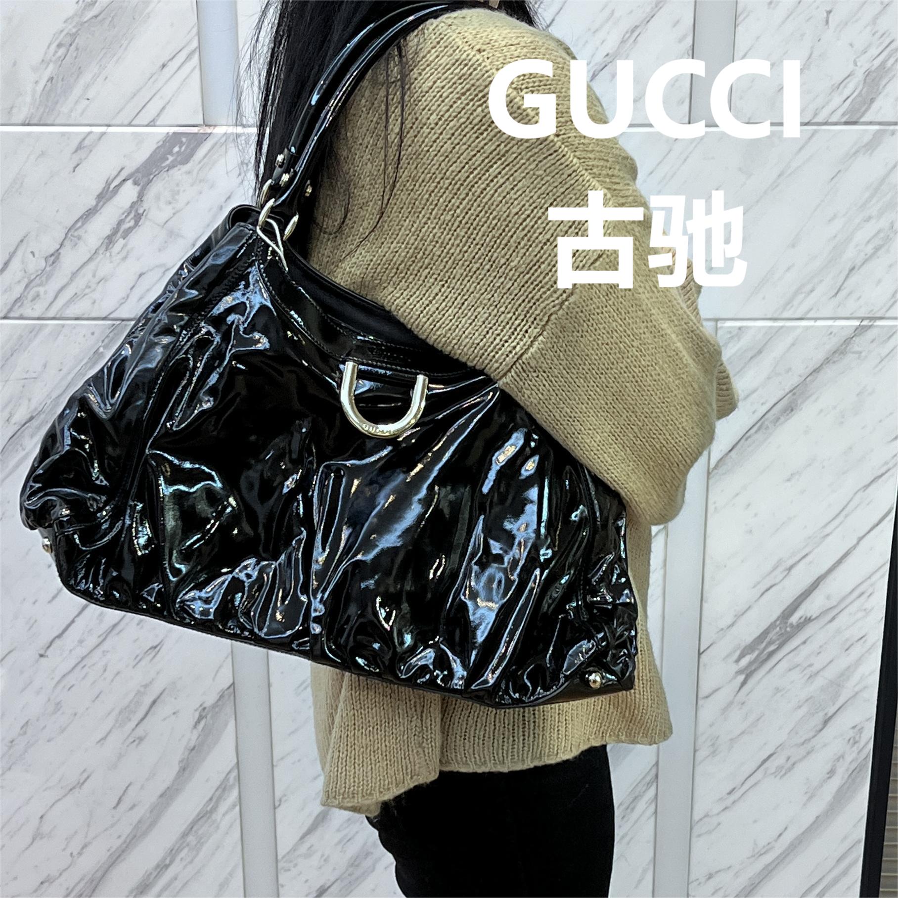 95新 GUCCI/古驰 黑色油蜡皮腋下包/云海优选/H06376