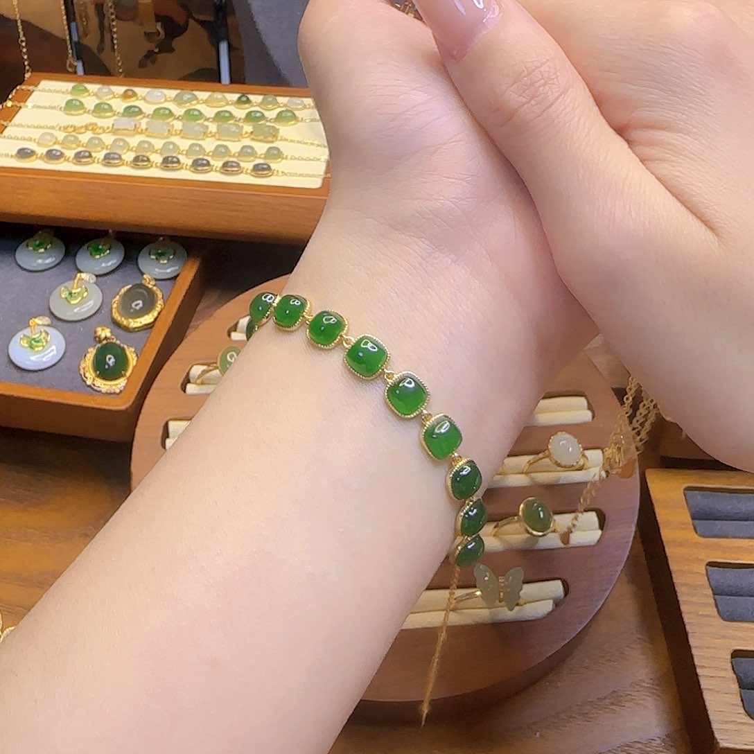 和田玉手链银S925镀金镶嵌