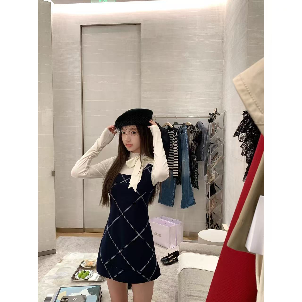 【盒子专享】时光织线 大U领拼接叠穿感撞色菱格纹连衣裙